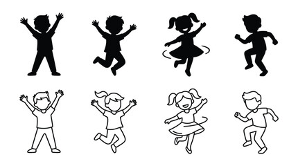 Naklejka premium Set of happy children silhouettes and line art icons, kids jumping, dancing and running, vector illustration