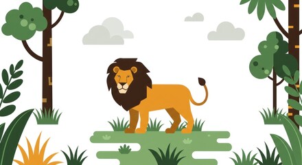 Naklejka premium A lion standing on a grassy rock formation in a savannah with trees and plants around.