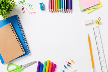 Fototapeta premium Colorful school and office supplies arranged neatly on a white background for creative projects