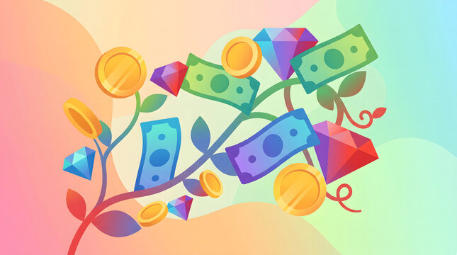 Colorful illustration of a money plant growing with banknotes coins and diamonds