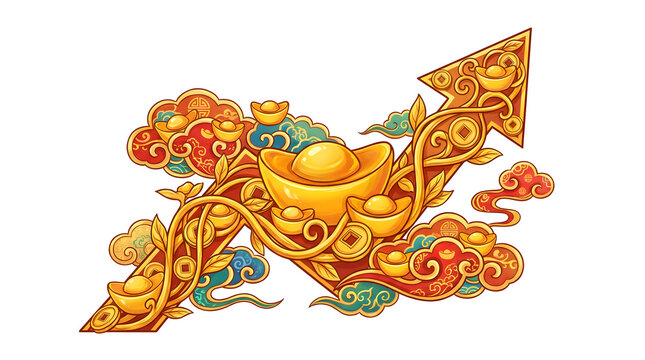 Chinese style illustration of golden ingots and rising arrow for financial growth