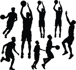 Collection of male basketball player silhouettes in different action poses jumping shooting dribbling and scoring isolated on flat white background © Arifuxxaman