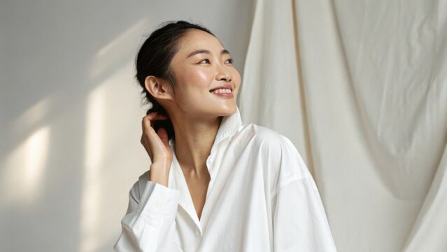 A smiling woman with dark hair pulled back poses in soft natural light, wearing a loose white shirt against a minimal beige background.
