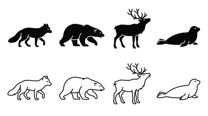 Set of arctic animals icons, silhouette and outline style, vector illustration © Hikari Vector Studio