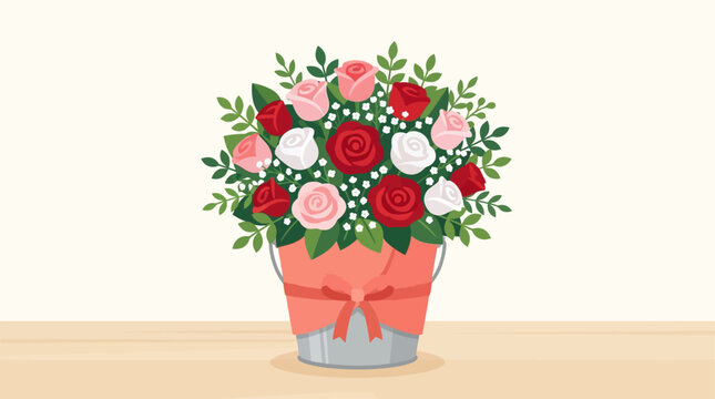 A delightful flat design illustration showcasing a beatiful bucket of roses. This clean and modern graphic is perfect for celebrating special occasions.