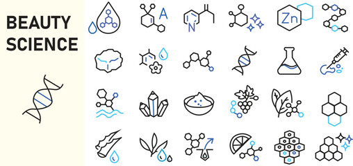 Fototapeta premium Skincare ingredient line icon set. Skincare and beauty product line icon set. Skincare and Beauty Symbols, Natural and Active Ingredient Collection. Molecule, vitamin, serum, collagen, crystal minimal