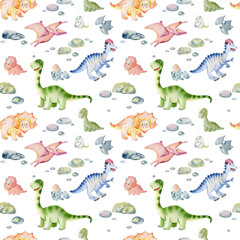 Watercolor seamless pattern with cute dinosaurs. Hand drawn illustration © Tapilipa