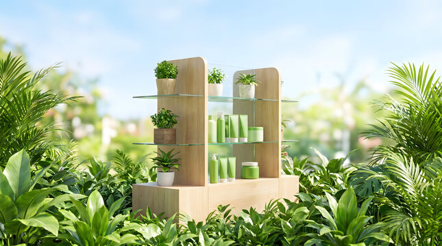 Wooden cosmetic display stand with green bottles surrounded by lush plants