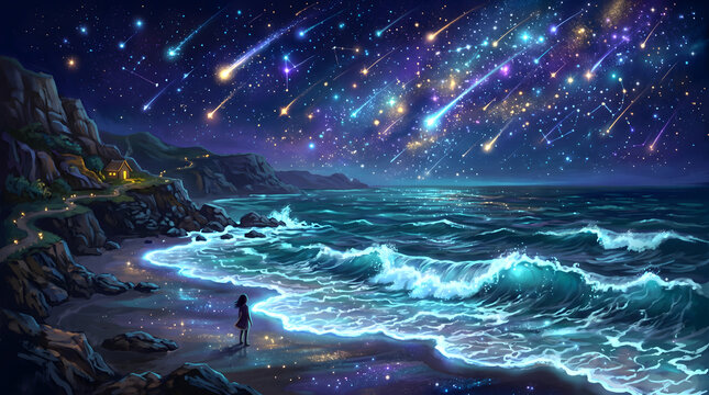 girl gazing at meteor shower in starry night sky over ocean beach illustration