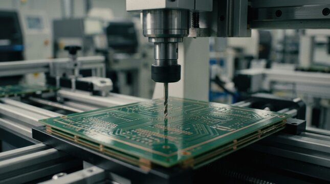 Medium shot of automated CNC drilling blind vias ensuring perfect depth and alignment in multilayer printed circuit board production.