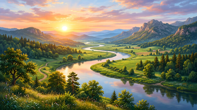 Winding river flowing through green valley under sunset sky with clouds