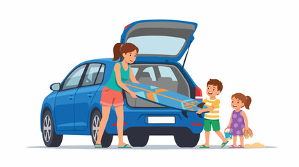 Fototapeta premium Family packing car for beach vacation with kids