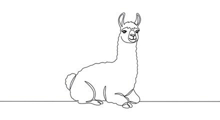 Fototapeta premium A simple line drawing of a sitting llama looking forward on a line