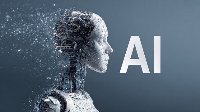 A digital portrait of a female robot head fragmenting into particles, with "AI" text