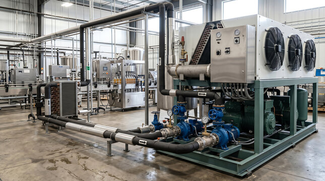 Industrial glycol process chiller skid supplying a low-temperature secondary coolant loop to a food-and-beverage production line at a processing plant