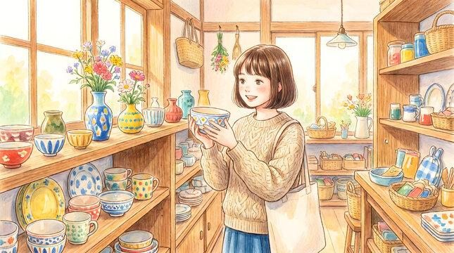 A girl selecting a colorful ceramic bowl in a pottery shop with shelves full of vases and tableware