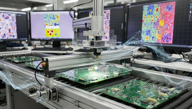 Medium shot of AI system analyzing PCB images for defect classification highlighting deep learning algorithms optimizing manufacturing quality control processes.