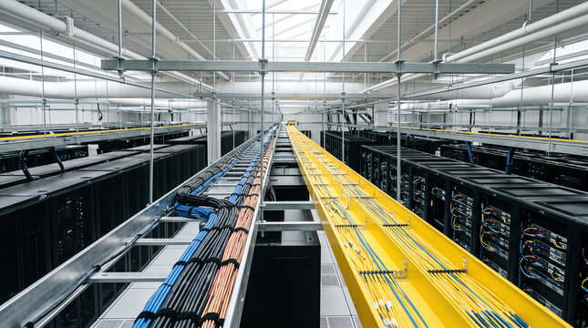 Overhead cable tray and bright yellow fiber runway carrying structured cabling above the server rows of a freshly fitted-out data center white space