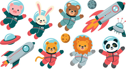Cute cartoon astronaut animals floating in outer space with rockets vector flat cosmic illustration icons set © MdMojnu