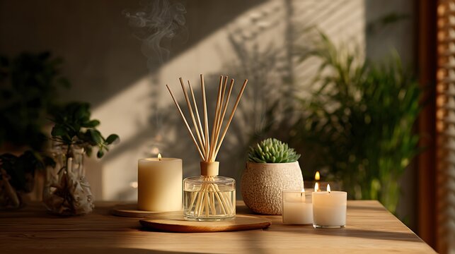 Still life of a reed diffuser, lit candles, and plants on a wooden table, with sunlight