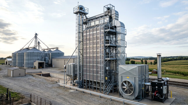 Tall continuous-flow grain dryer with stacked drying columns and a plenum fan running beside a rural agribusiness commodity storage facility