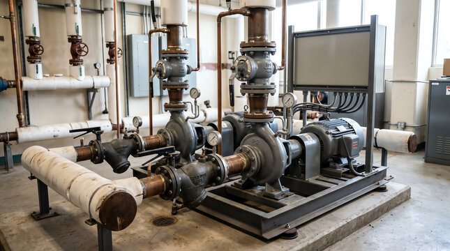 Mechanical-room pump skid with twin end-suction pumps, suction guides, and a triple-duty valve serving the hydronic loop of a commercial building