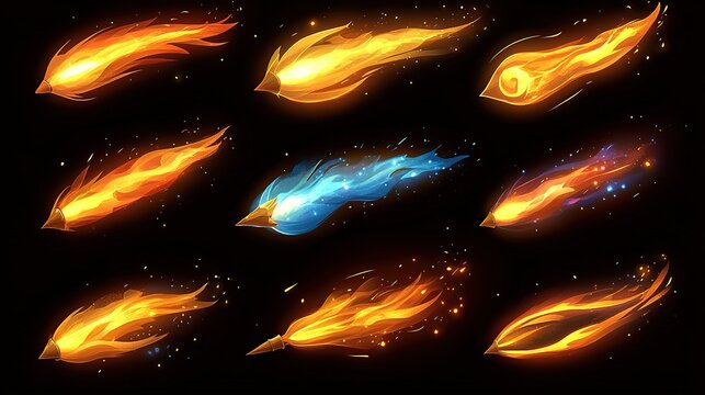 A vivid collection of fiery comet-like streaks blazing across a dark night sky