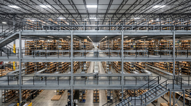 Multi-level mezzanine pick module with steel decking, access stairs, and conveyor spurs threading between order-picking shelves in a fulfillment warehouse