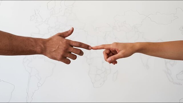 Closeup of two people reaching out to touch fingers against a world map background