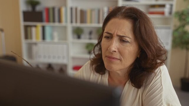 Woman removes glasses and frowns at a computer screen while leaning forward toward monitor in a building study lined with bookshelves; problem solving concern.