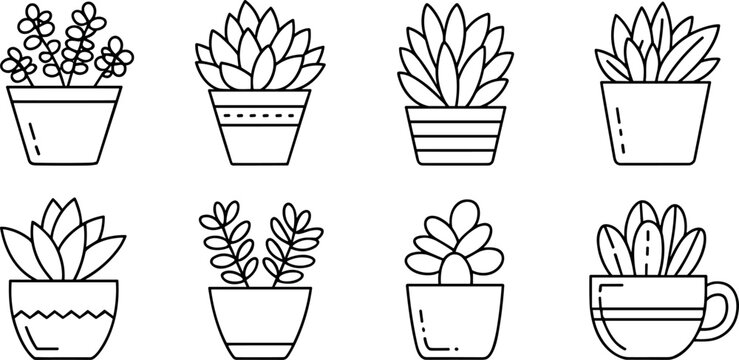 Black and white illustration set of eight stylized potted plants with unique pot designs including striped patterned and teacup artwork