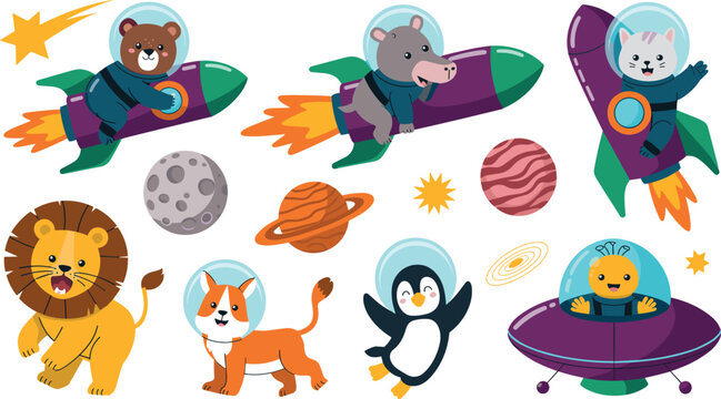 Cute cartoon astronaut animals flying rockets and spaceships vector flat outer space illustration icons set
