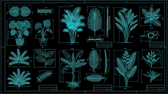 Detailed Tropical Foliage Blueprint Technical Drawing Vector Set Multi View Cyan Outline on Black Background