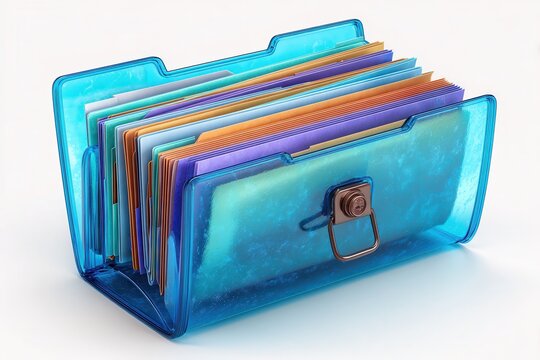 Blue file organizer with colorful documents on white background