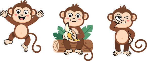 Cute monkey characters set, funny cartoon monkeys with banana in different poses, animal vector illustration isolated background © Kaiyum