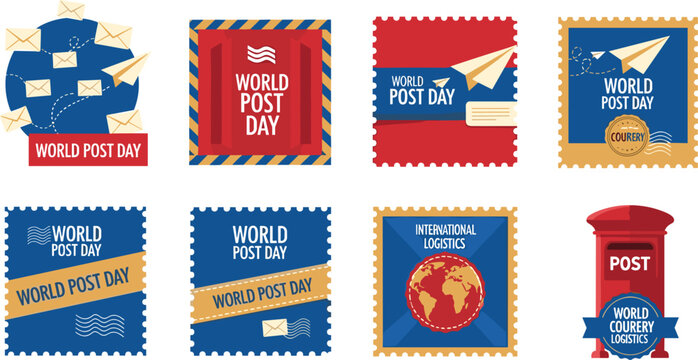 World Post Day vector postage stamps and badges set with paper airplanes envelopes red mailbox and international logistics symbols.
