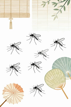 Japanese summer element vector illustration set with mosquitoes, bamboo blinds, uchiwa fans and traditional umbrellas.