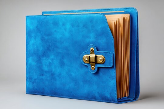Blue leather folder with gold clasp and paper inserts