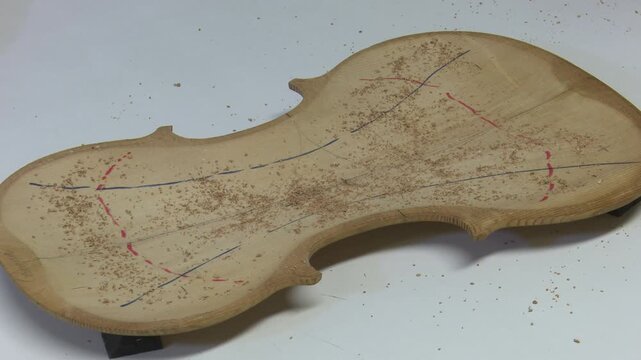 Bilbao, spain; may 21 2022: luthier tuning violin plate with chladni pattern