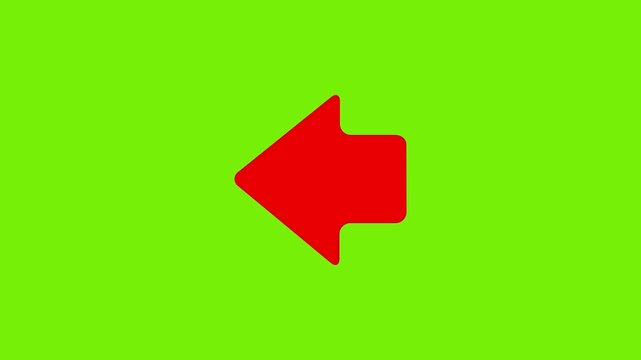 red arrow pointing left on green background,white background, alhpa channel. direction symbol indicating back or previous page. simple red pointer showing opposite direction.