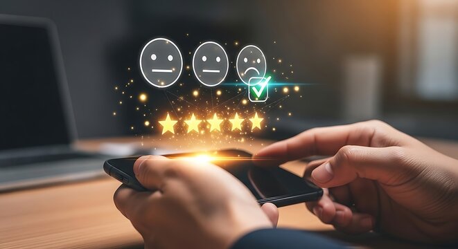 Three happy cartoon robots with funny faces on dark space background with stars