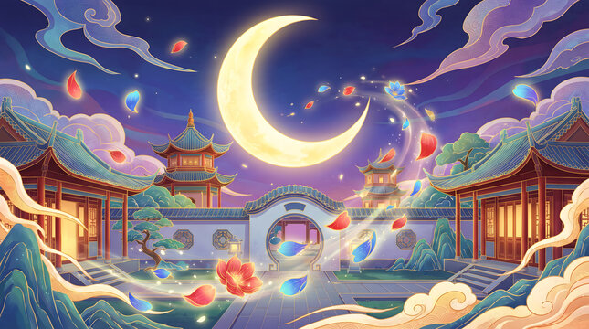 Dreamy illustration of a traditional chinese courtyard under the moonlight with floating petals and clouds