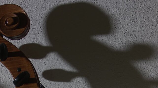 Bilbao, spain; may 21 2022: cello headstock with moving shadow casting on wall