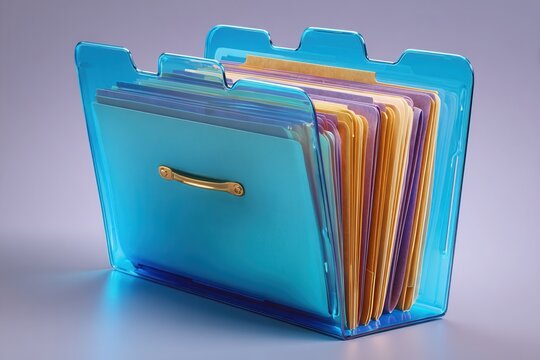 Translucent blue file organizer with colorful documents on desk