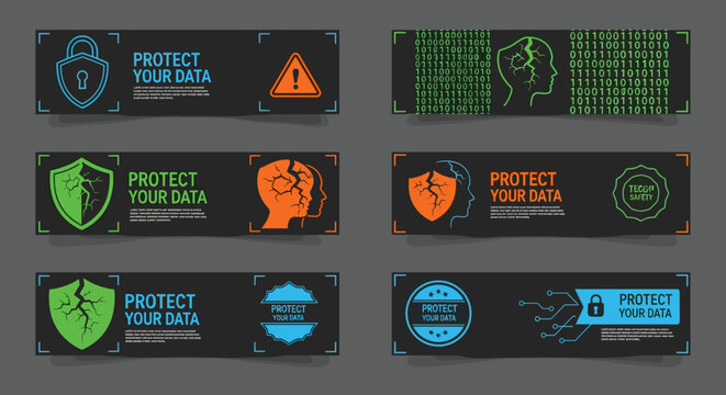Protect your data cyber security horizontal banner set with digital matrix binary code cracked shields warning signs and human head profile icons.