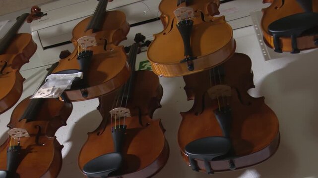 Bilbao, spain; may 21 2022: handcrafted violins hanging in a luthier workshop