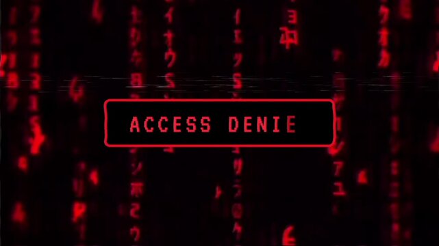 Access Denied Cyber Security Screen with Red Matrix Code Background and Glitch Animation