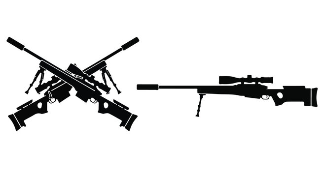 Silhouette of two crossed assault rifles with sniper rifle and scope on a white background for military or defense