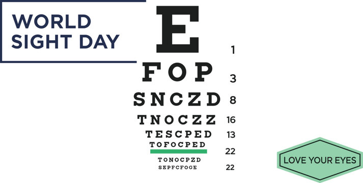 World Sight Day horizontal banner template with snellen eye testing chart and love your eyes green badge vector illustration.