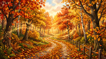 Obraz premium Dreamy autumn forest path covered with fallen leaves and warm sunlight